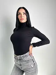 Тепла жіноча водолазка гольф із начосом у рубчик із високим коміром чорна
