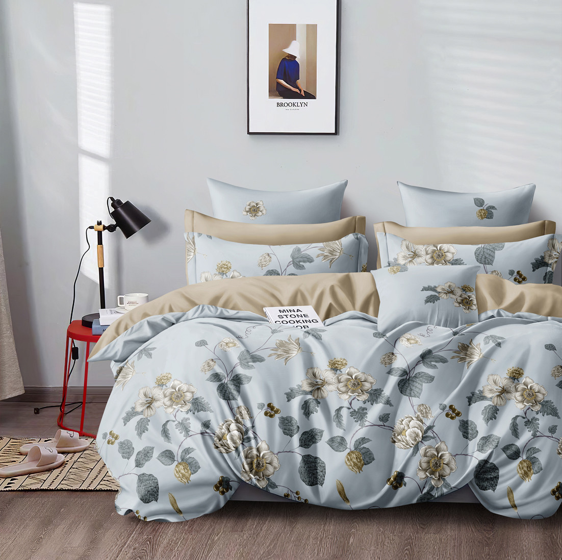 Наволочка на блискавці 70х70 (Сатин) | Від виробника "Королева Ночі" | Квіти на блакитному та бежевому, фото 1