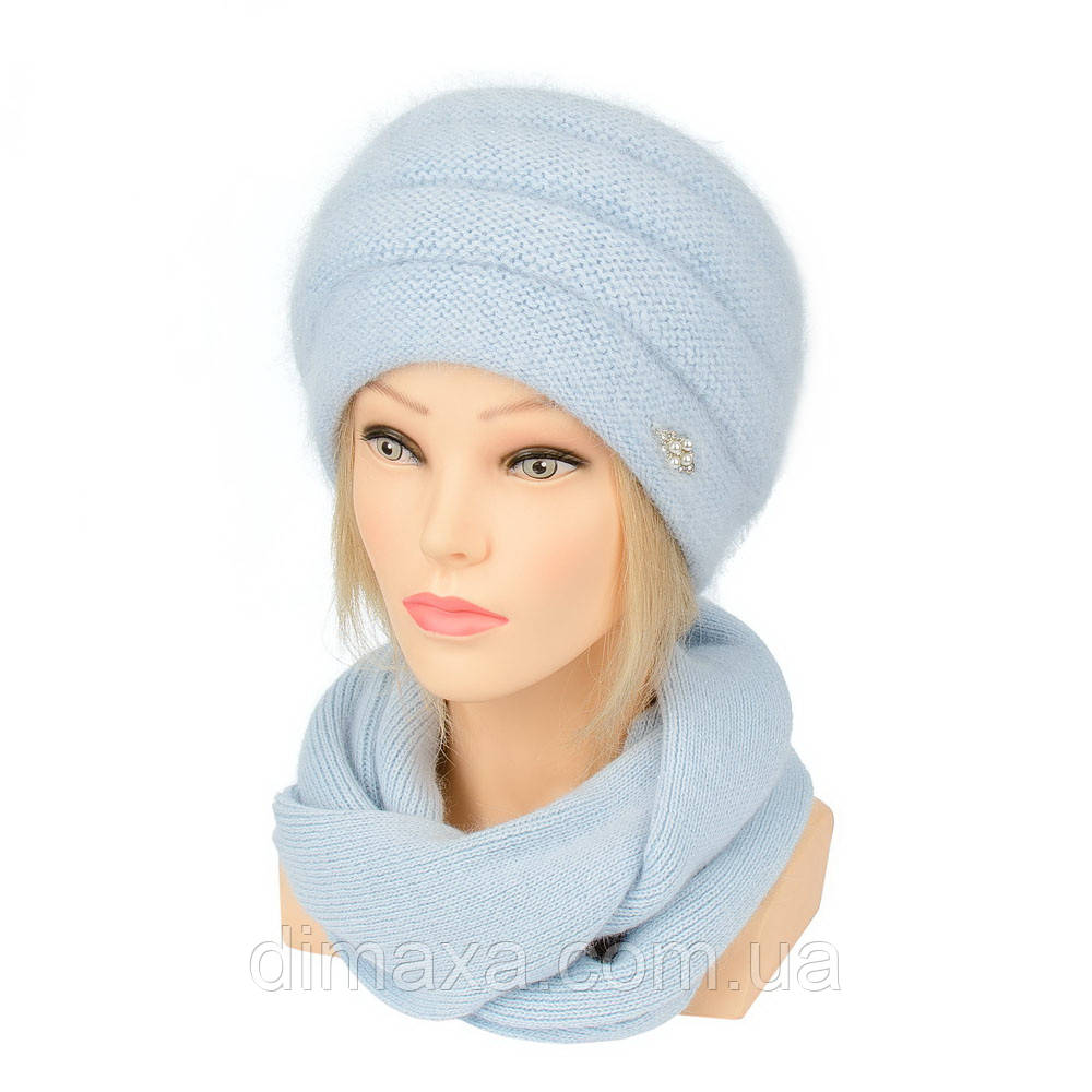 Набор шапка и шарф ангора вязаный женский Arina голубого цвета - фото 1 - id-p1992935470