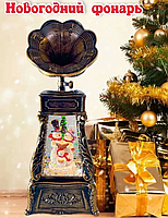 Новогодний Музыкальный Декор "Снеговики Грамафоне " Ночник-Светильник с Подсветкой и Снегом USB + Батарейка