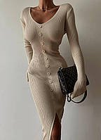 Женское теплое трикотажное базовое платье миди с длинным рукавом