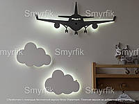 Настенный ночник ручной работы " Самолет 60 см с облаками"