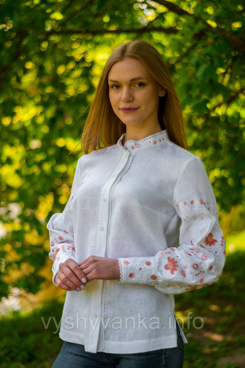 Жіноча вишита блуза з мереживом "Перлина", білий льон ,коралова вишивка,арт 4633