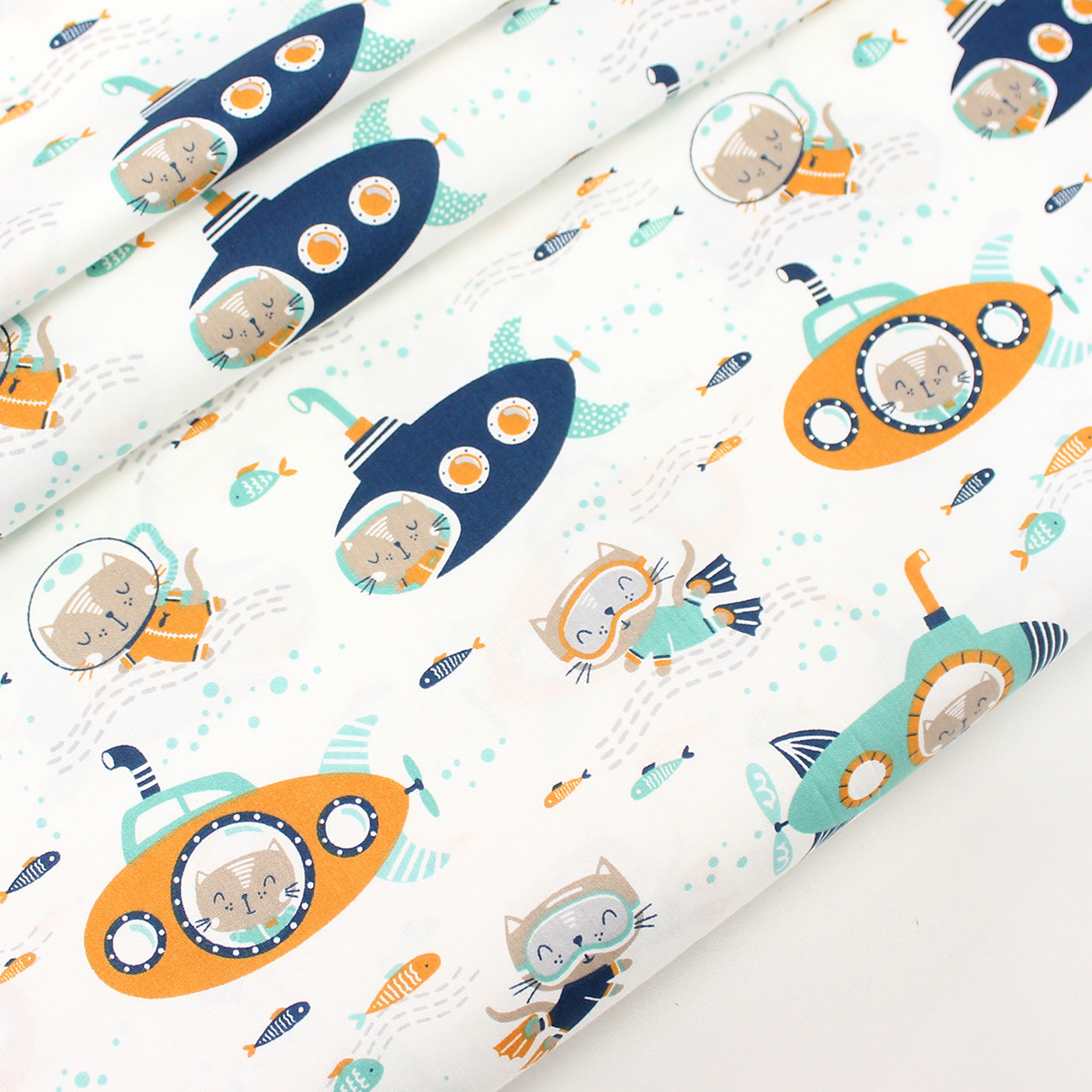 Сатин "Коти в підводних човнах" на білому тлі No 160-76 с, фото 1