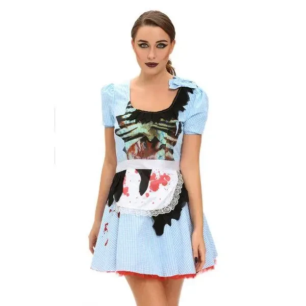 Костюм зомбі на Хеллоуїн "Дівчинка з Канзасу", блакитне картате плаття з фартухом і принтами крові, фото 1