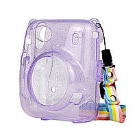 Чехол Fujifilm Instax Mini 11 Case Transparent purple прозрачный фиолетовый пластиковый с блестками и ремнем