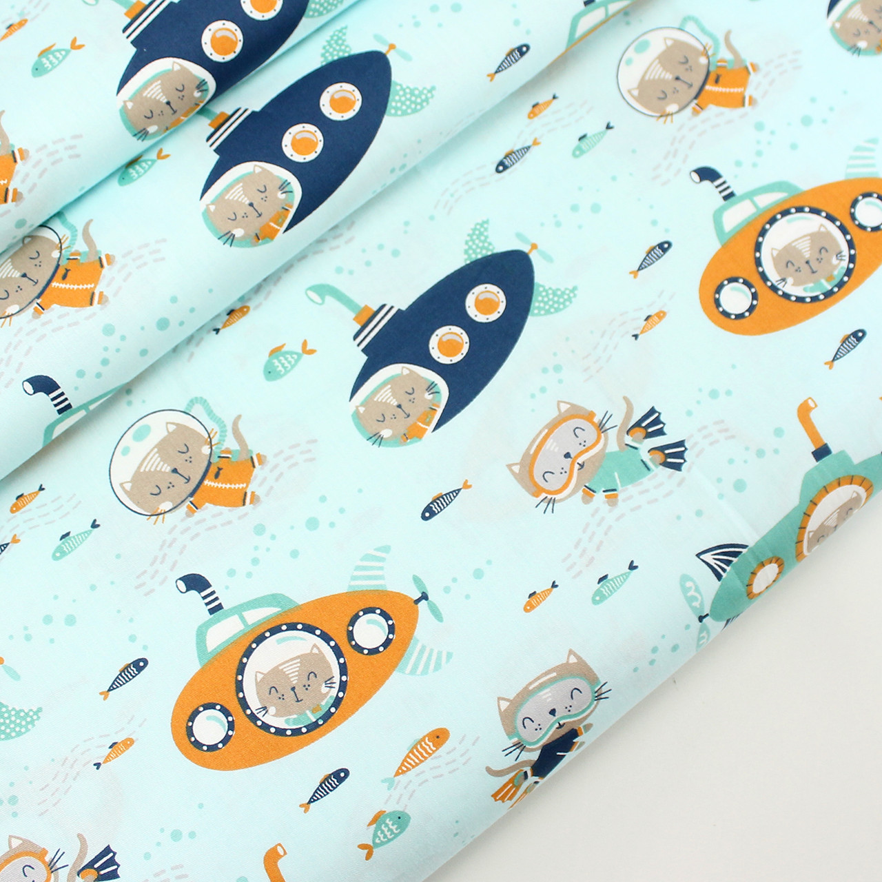 Сатин "Коти в підводних човнах" на світло-м'ятному тлі No 160-77 з, фото 1