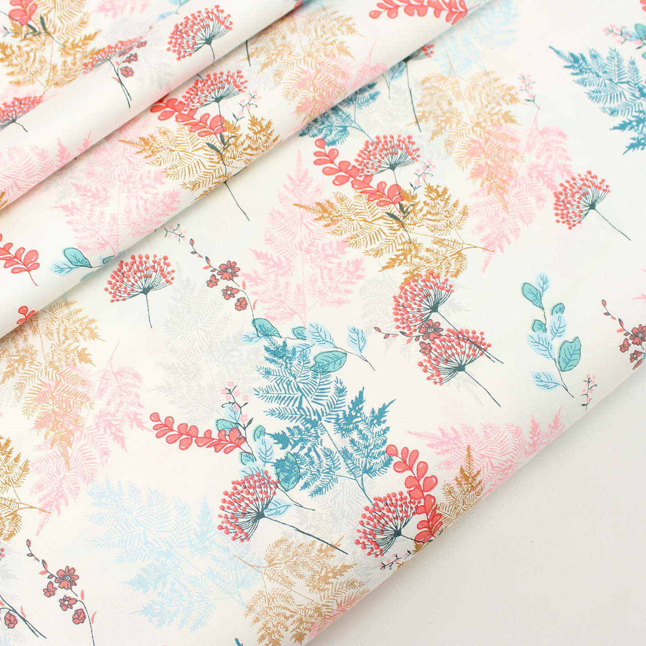 Сатин "Листя папороті та гілочки" на білому тлі No 160-255 с, фото 1