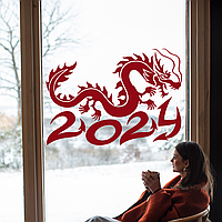 Новогодняя наклейка Дракон с цифрами (декор окон Символ 2024 Год дракона) змей Набор M 67х47см матовая Красный