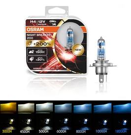 Лампочки в фару авто H4 12 V 60/55 OSRAM Night Breaker +200 (2шт)