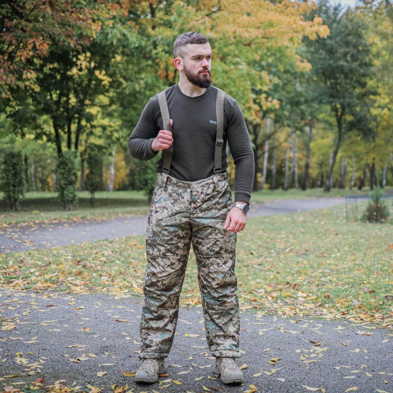 Штани зимові військові з підтяжками на синтепоні (Піксель) Soft Shell