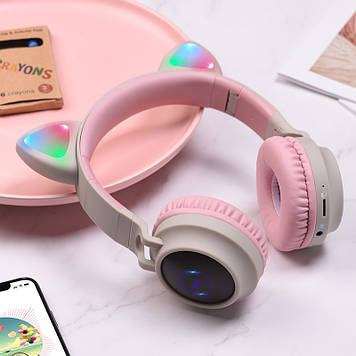 Бездротові навушники з вушками, що світяться, дитячі рожеві Hoco W27, дитячі Bluetooth навушники для дівчинки