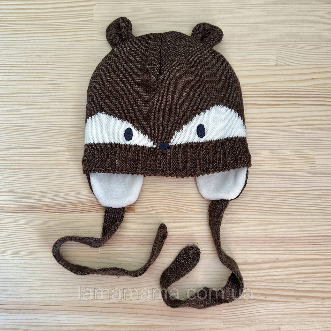 Тепла дитяча шапка на зав'язках (демісезон/євро-зима) напіввовна на флісовій підкладці ог. 44-46 Енотик, фото 1