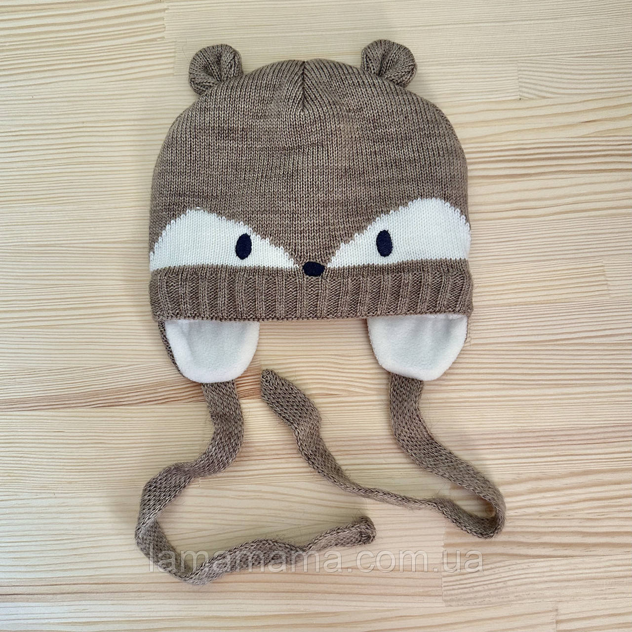 Тепла дитяча шапка на зав'язках (демісезон/євро-зима) напіввовна на флісовій підкладці ог. 44-46 Енотик Беж, фото 1