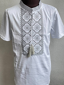 Футболка для хлопчика "Француз" Стретч-кулір Білий (вишивка - Сірий)