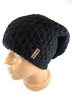 Шапка женская вязаная зимняя черная теплая Объемные шапки с флисом эмблемой осень зима модная