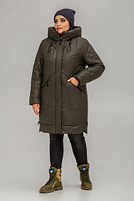 Демісезонна довга жіноча куртка великого розміру Катерина хакі 54 58 60 розмір