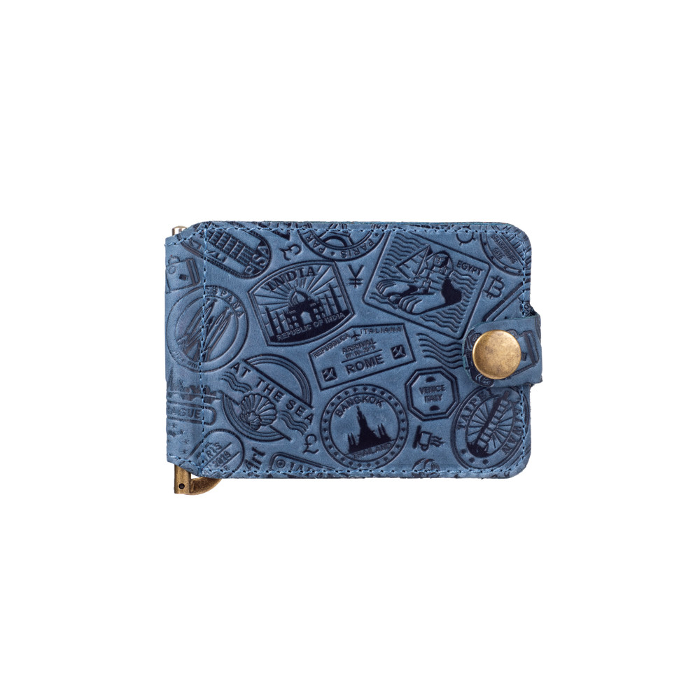 Блакитний дизайнерський затискач для грошей із натуральної матової шкіри, колекція "Let's Go Travel"