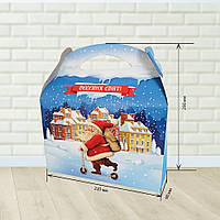 Новорічна упаковка для цукерок Новорічний Дід мороз на самокаті 1000-1300 г. Н28