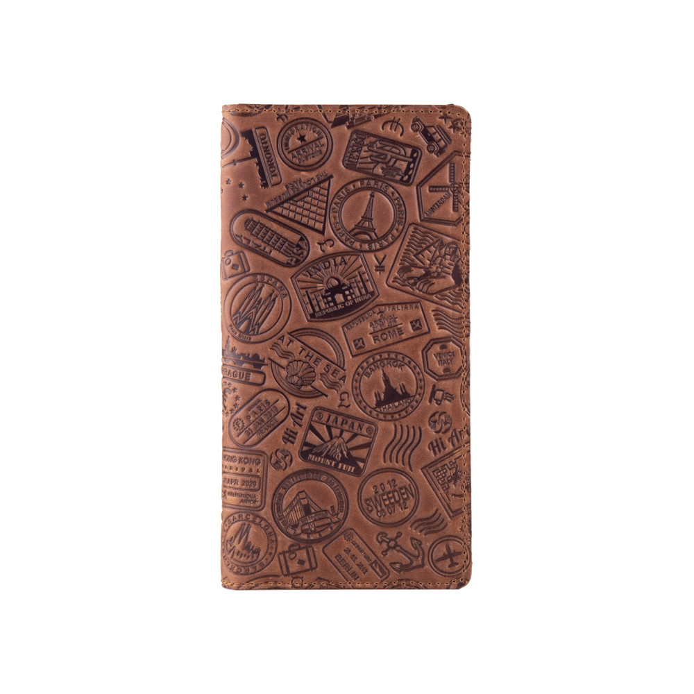 Темно рудий гаманець з матовою натуральної шкіри з відділенням для монет, художнє тиснення "let's Go Travel", фото 1