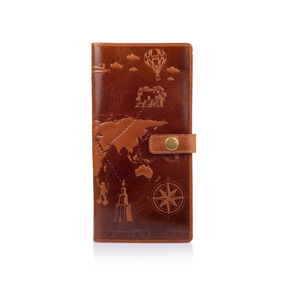 Гарний тревел-кейс із натуральної шкіри кольору глини з художнім тисненням "7 wonders of the world"