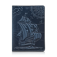 Дизайнерская кожаная обложка для паспорта с отделением для карт голубого цвета, коллекция "Discoveries"