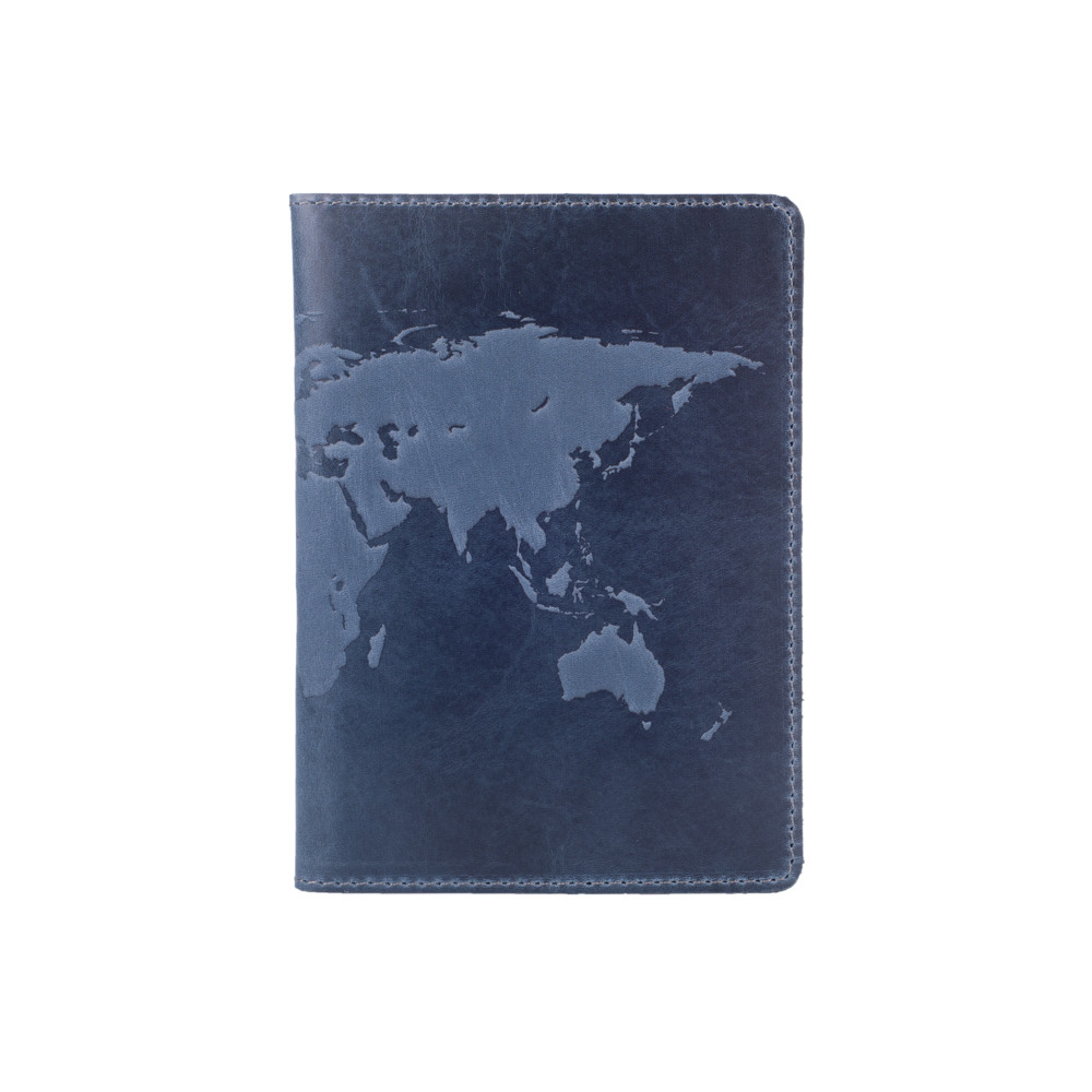 Дизайнерська шкіряна обкладинка для паспорта з відділенням для карток блакитного кольору, колекція "World Map"