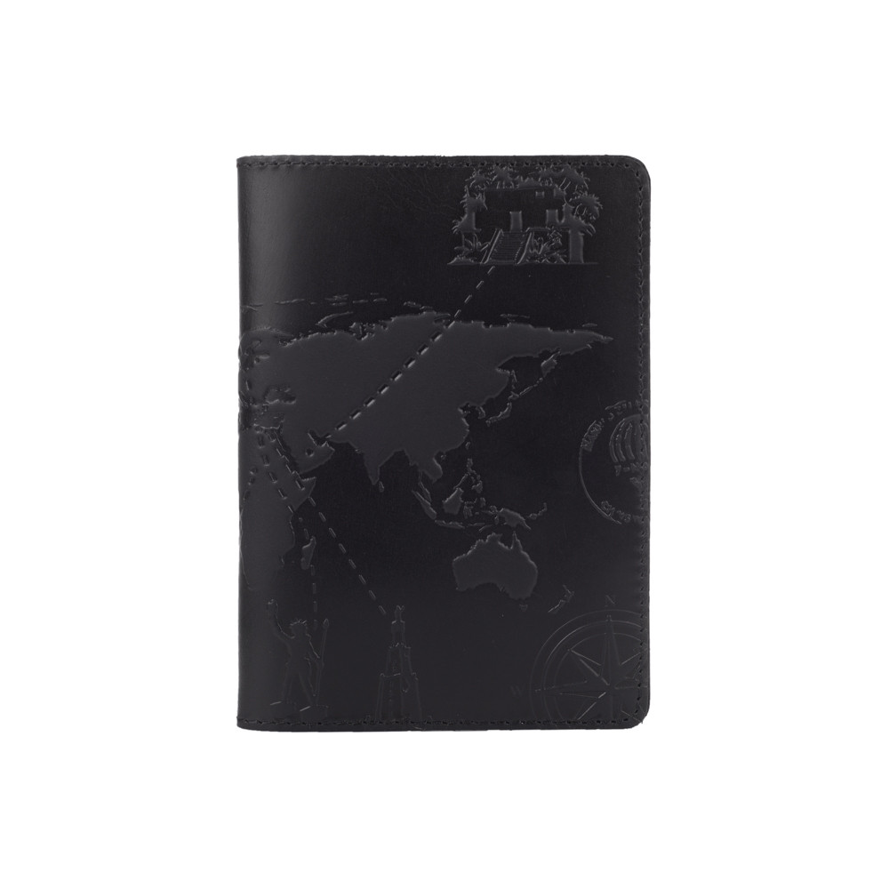 Дизайнерська шкіряна обкладинка для паспорта чорного кольору з відділенням для карток, колекція "7 wonders of the world"