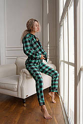 Жіноча піжама в клітку фланелева nelle зелено-чорна домашній жіночий комплект сорочка штани