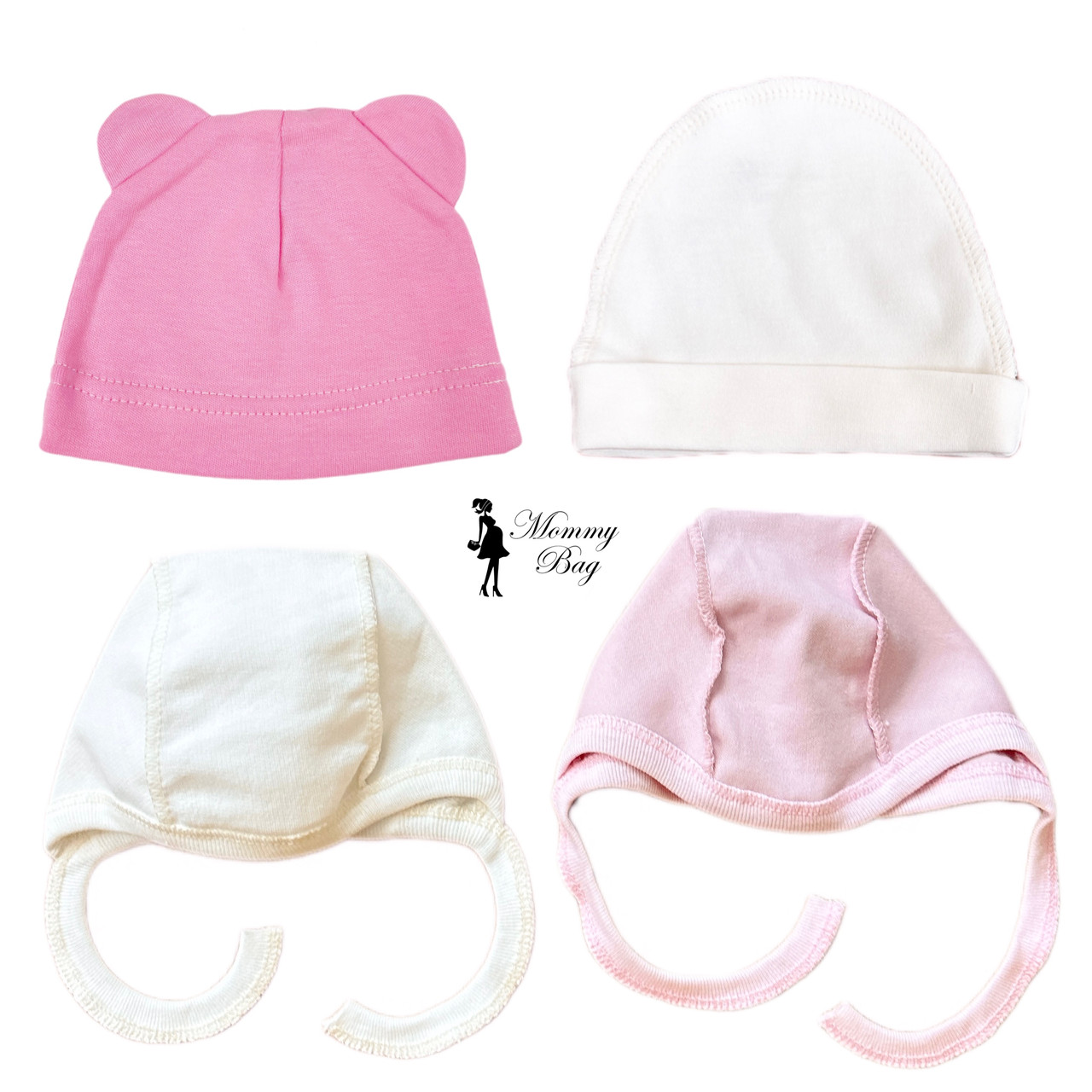 Набір дитячих бавовняних шапочок-чепчиків 0-3 міс Преміум 4 шт для дівчинки