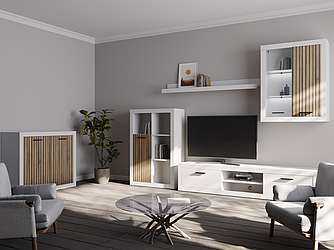 Стінка в вітальню Сансет кашемір/дуб сонома +підсвітка Гербор