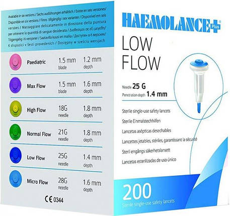 Ланцети одноразові HAEMOLANCE Plus LOW FLOW стерильні, голка 25G з глибиною проникнення 1.4 мм (200 шт./уп.), фото 1
