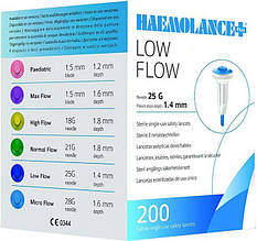 Ланцети одноразові HAEMOLANCE Plus LOW FLOW стерильні, голка 25G з глибиною проникнення 1.4 мм (200 шт./уп.)