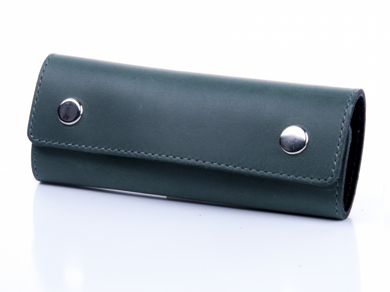 Довга зелена шкіряна ключниця з кріпленням на карабіні, фото 1