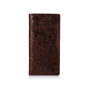 Ергономічний гаманець з глянцевою шкіри коньячного кольору на 14 карт з авторським художнім тисненням "Mehendi Art"
