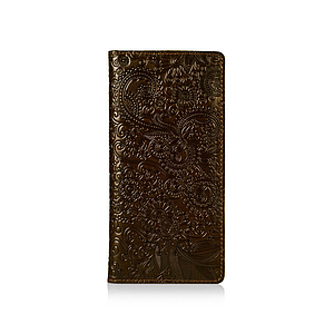 Ергономічний дизайнерський шкіряний гаманець на 14 карт оливкового кольору з авторським художнім тисненням "Mehendi Art"