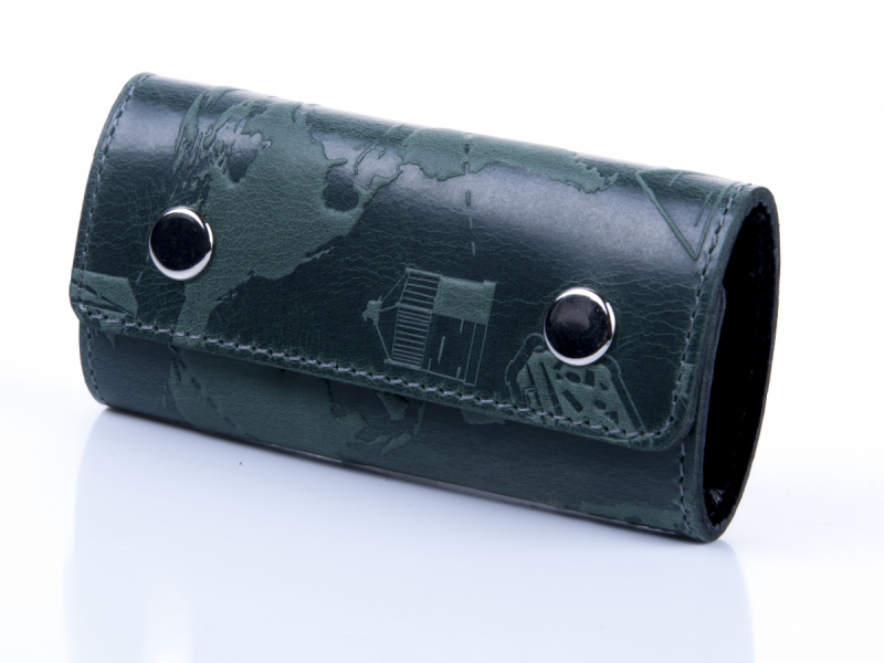 Зелена шкіряна ключниця з кріпленням на карабіні "7 wonders of the world", фото 1