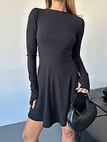 Стильное черное осеннее платье рубчик мустанг мини с длинным рукавом и прорезями для пальчика