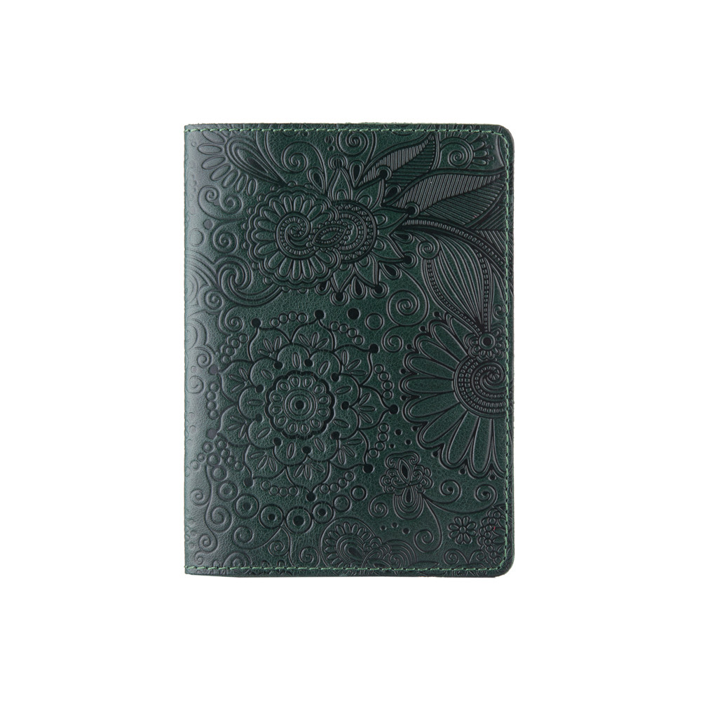 Красива зелена обкладинка для паспорта з художнім тисненням "Mehendi Art"