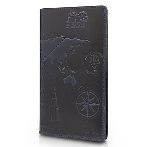 Містке синє портмоне з натуральної матової шкіри з авторським художнім тисненням "7 wonders of the world"