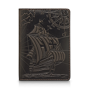 Оригінальна шкіряна коричнева обкладинка для паспорта з художнім тисненням "Discoveries"