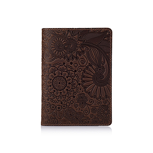 Оригінальна шкіряна коричнева обкладинка для паспорта з художнім тисненням "Mehendi Art"