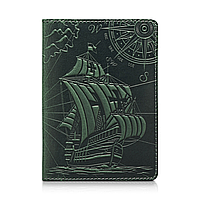 Оригинальная кожаная обложка для паспорта с отделением для карт зеленого цвета с художественным тиснением