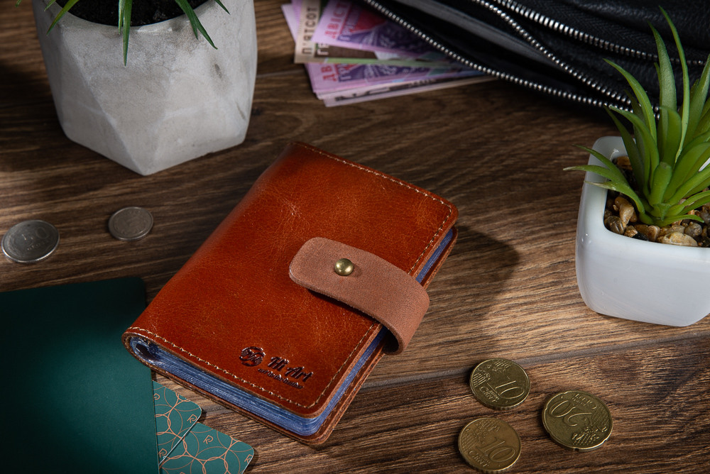 Оригінальний картхолдер із натуральної шкіри на кобурному гвинті бурштинового кольору, фото 1