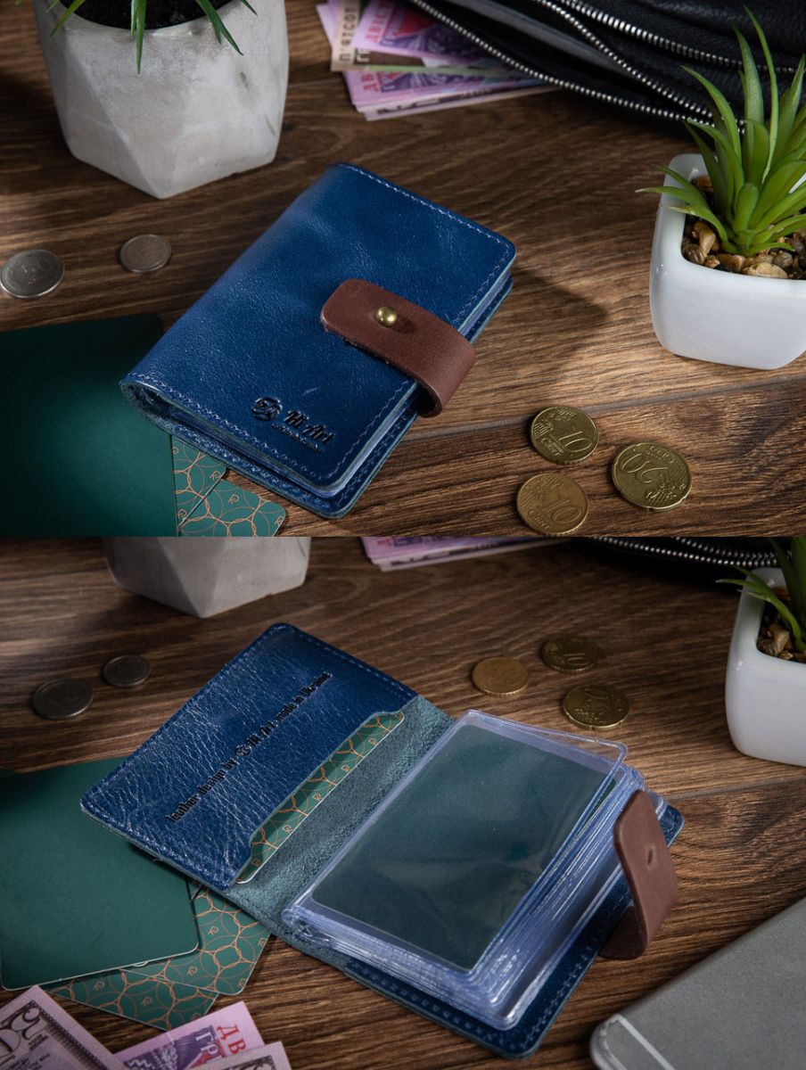 Оригінальний картхолдер з натуральної шкіри на кобурном гвинті блакитного кольору, фото 1