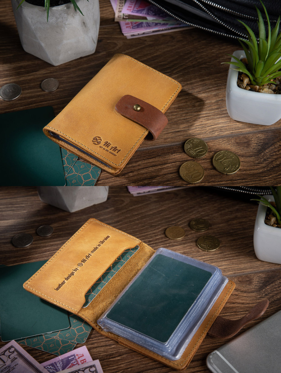 Оригінальний картхолдер із натуральної шкіри на кобурному гвинті світло-жовтого кольору, фото 1