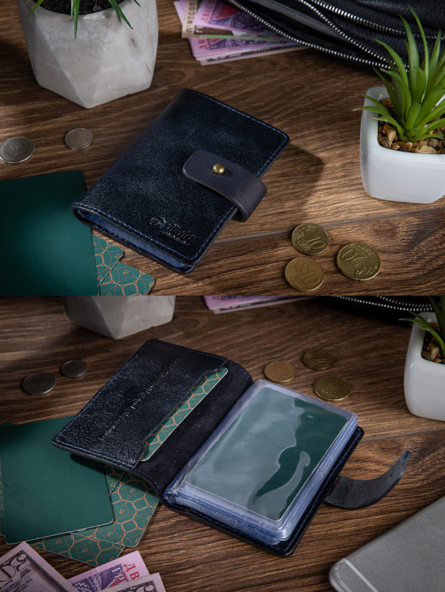 Оригінальний картхолдер з натуральної шкіри на кобурном гвинті синього кольору, фото 1