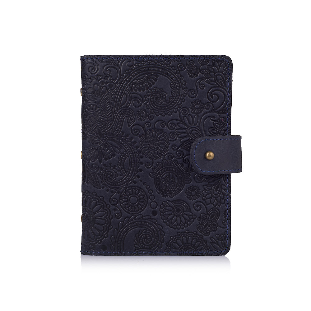 Синій шкіряний картхолдер на кобурному гвинті з авторським художнім тисненням "Mehendi Art", фото 1