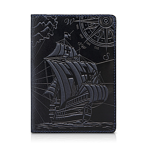 Синя обкладинка для паспорта ручної роботи з художнім тисненням і відділенням для банківських карток