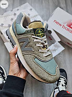 Стильные мужские кроссовки New Balance 574 Stone Island хаки, модные кроссовки Нью Баланс замша кожа текстиль